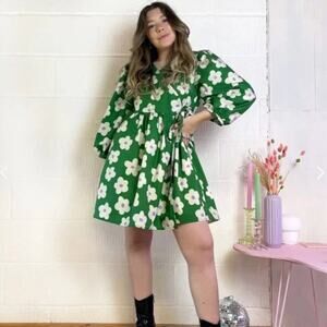 MIA LAYZELL Lupin Mini Wrap Dress Cotton Poplin Daisy Floral Green Sz S {3N30}